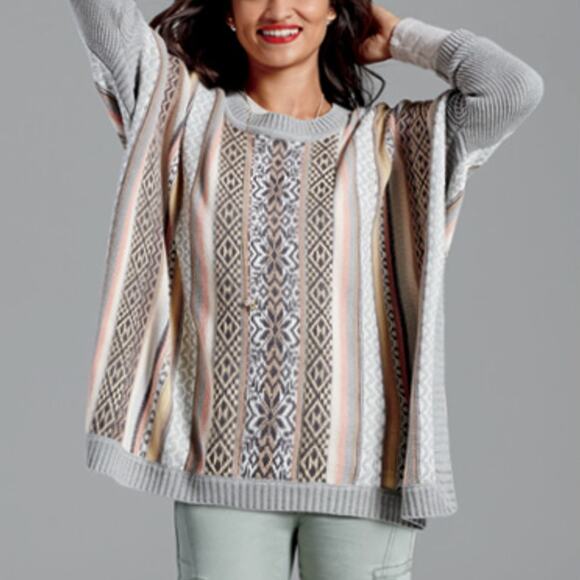 Cabi Fair Isle Poncho Sweater Pink Gray Knit Oversized Slouchy Sweater XS - Picture 7 of 8